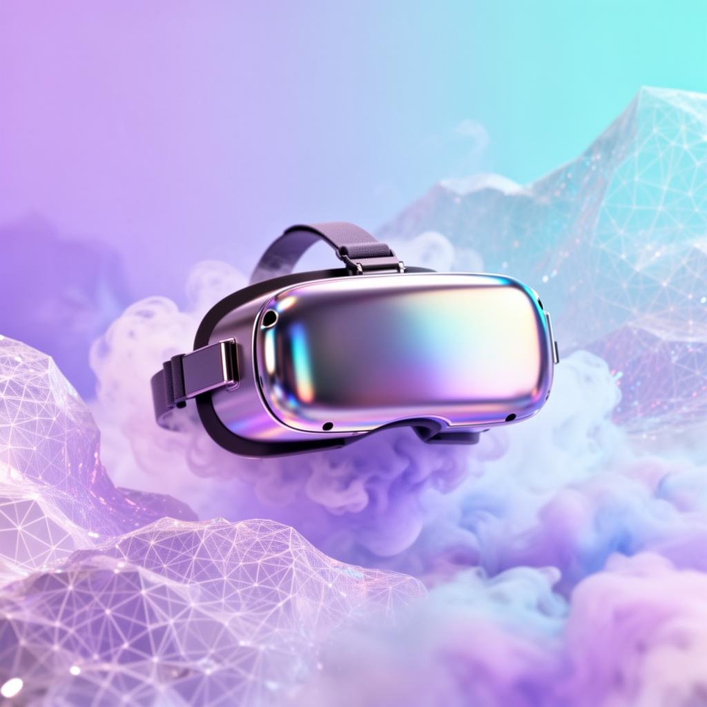Iridescent VR headset floating in vapor chrome atmosphere
